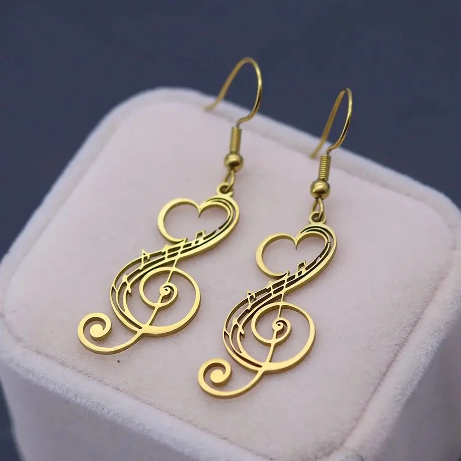 

Gold Color Music Note Treble clef Earrings for Women Ear Hook Dangle Stainless Steel Romantic Heart Jewelry Musican Lovers Gifts