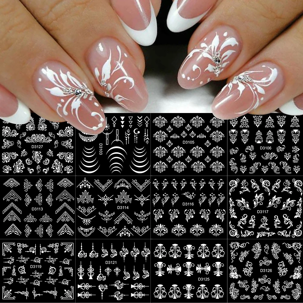 30Pcs Acrylic Flower White Lace Wedding Nail Art Stickers Elegant Floral Petal Leaf Embossed Adhesive Sliders Y2K Manicure Decal