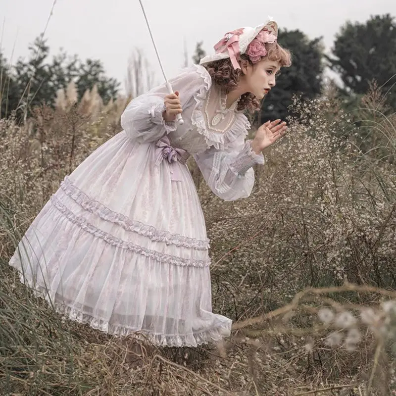 Abito Principessa Lolita Taglia Grande L-4XL, Stile Pastorale Primavera-Autunno, Maniche Lunghe, Vita Alta con Volant, Colore Viola Chiaro