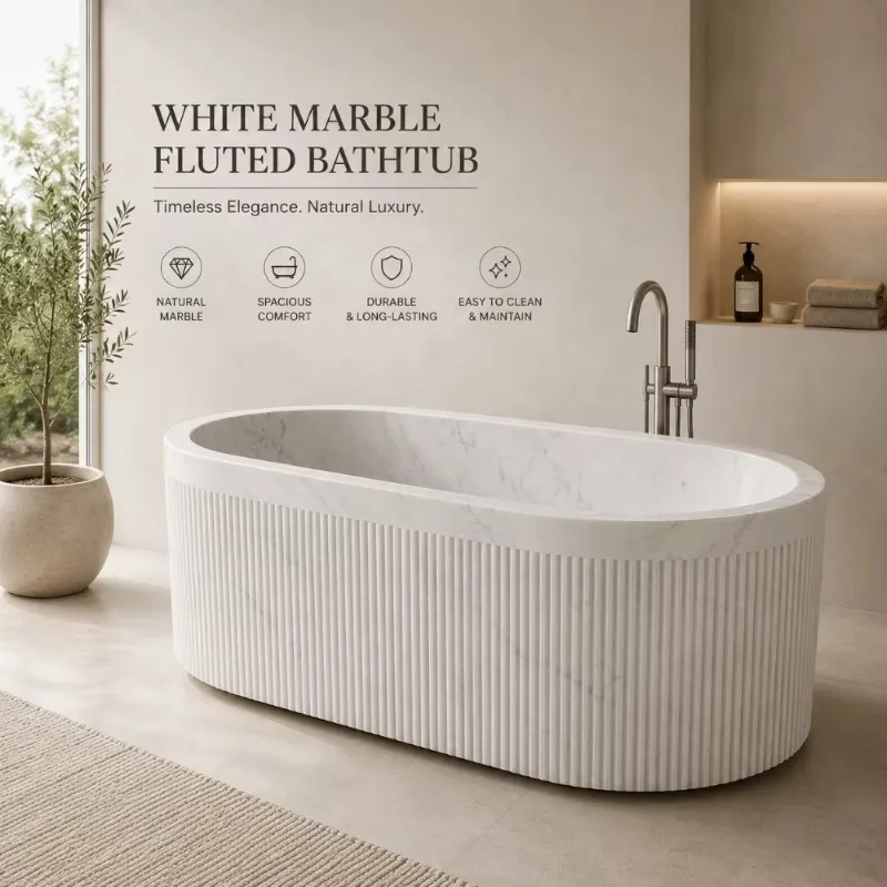 Hand-Carved Carrara White Marble Ribbed Bathtub Sculptural Fluted Stone Bath PremiumNatural Stone Tub For Villa Hotel Bathroom
