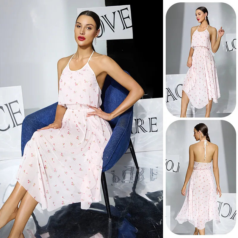 Nightgown Set Loungewear Nightwear Soft Halter Backless Floral Ruffle Irregular Maxi Summer Lightweight Homewear Romantic