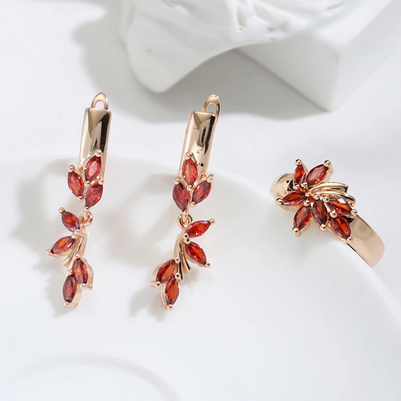 SYOUJYO 585 Rose Gold Color Long Drop Earrings For Women Orange Natural Zircon Bride Wedding Jewelry Vintage Leaf Dangle Earring