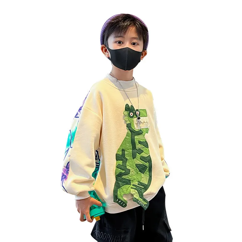Big Boys Cartoon Dinosaur Pattern Sweatshirts Spring Autumn Fashion Korean Cotton T-shirt Clothes for Kids 5 7 9 11 13 14 Years