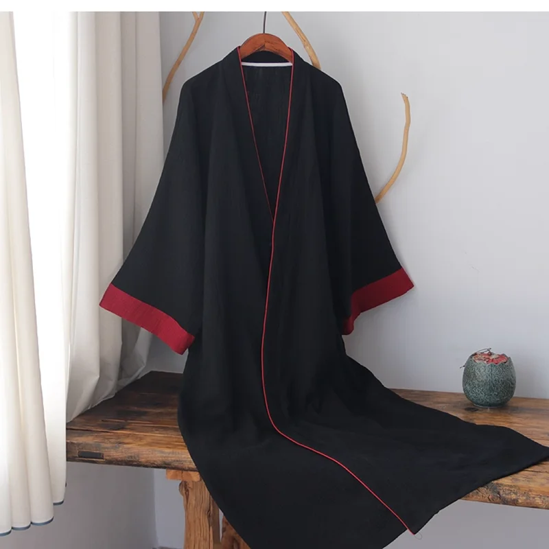 

New-Chinese Style Hanfu Mens kimono Robe 100% Cotton Nightdress Retro Bathrobe Taoist Nightgowns For Men Zen Clothing