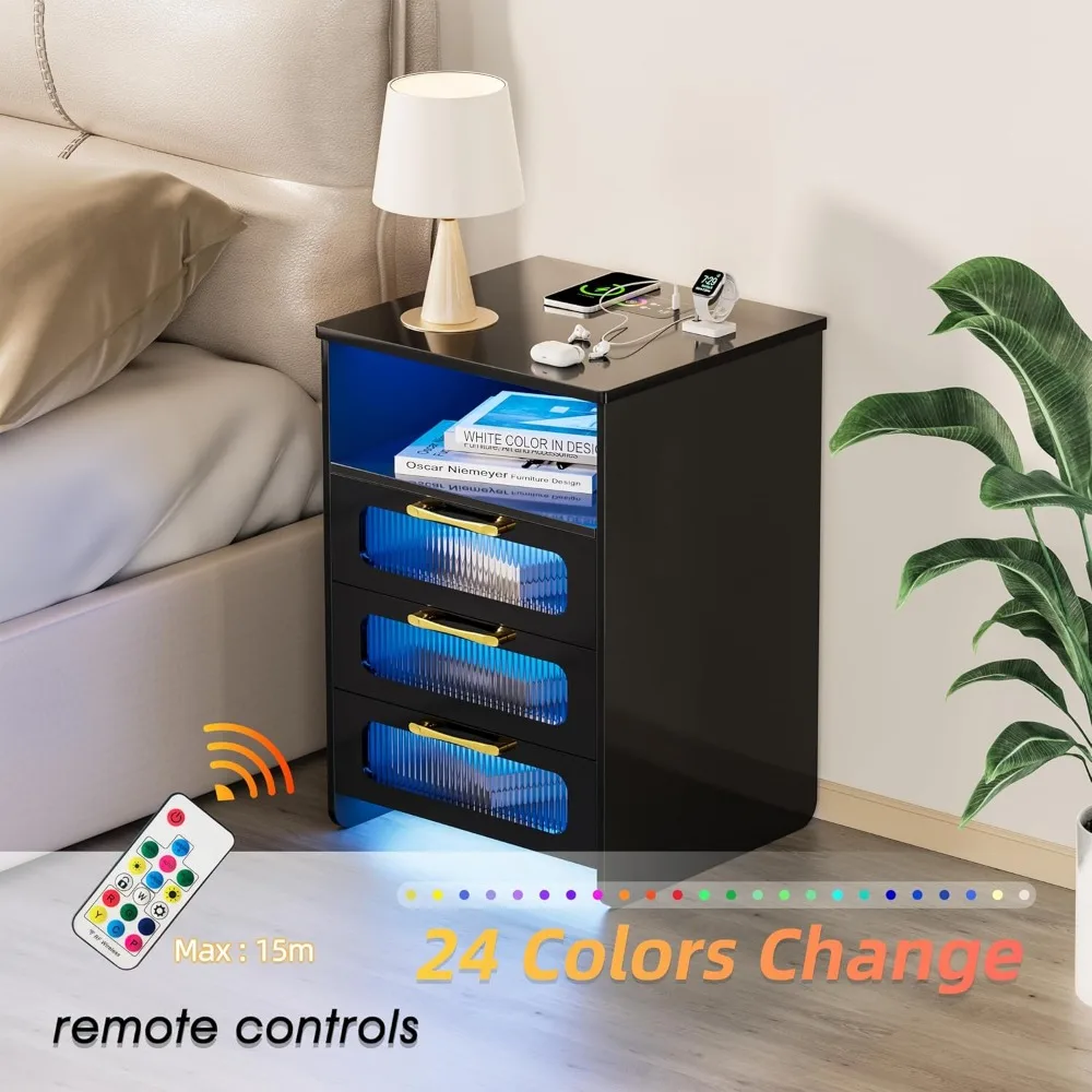 Mesita de noche LED con estación de carga, cajones de mesita de noche modernos, elegante de alta calidad, diseño simple para el hogar