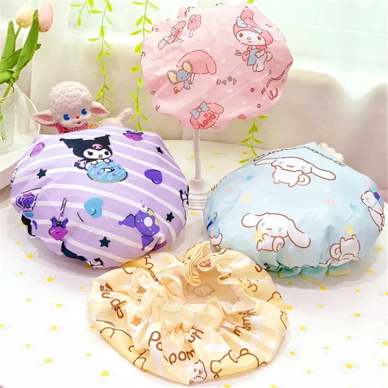 Sanrio-gorro de ducha Kawaii de Hello Kitty, gorro de baño impermeable de doble capa con dibujos animados de My Melody Kuromi, para el hogar y la cocina