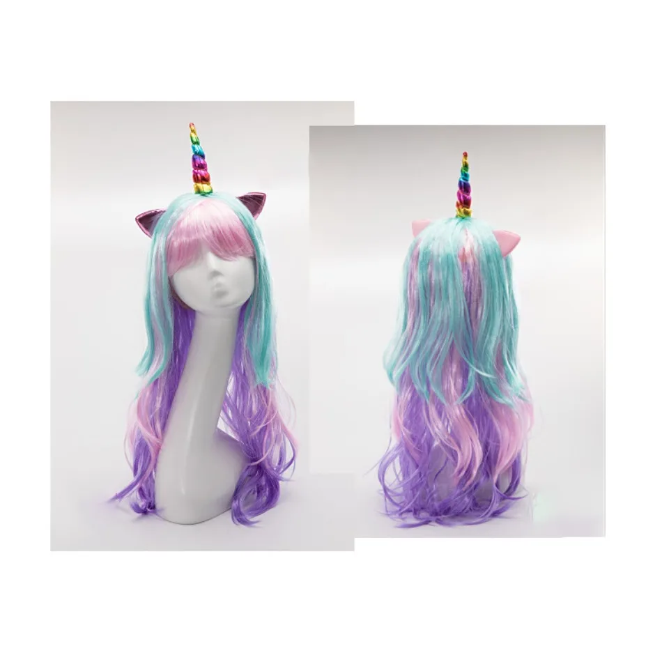 Girls Unicorn Cosplay Hairband Kids Dress UP Wigs Princess Fancy Outfits Accessories Baby Girl Rainbow Braid Synthetic Hair