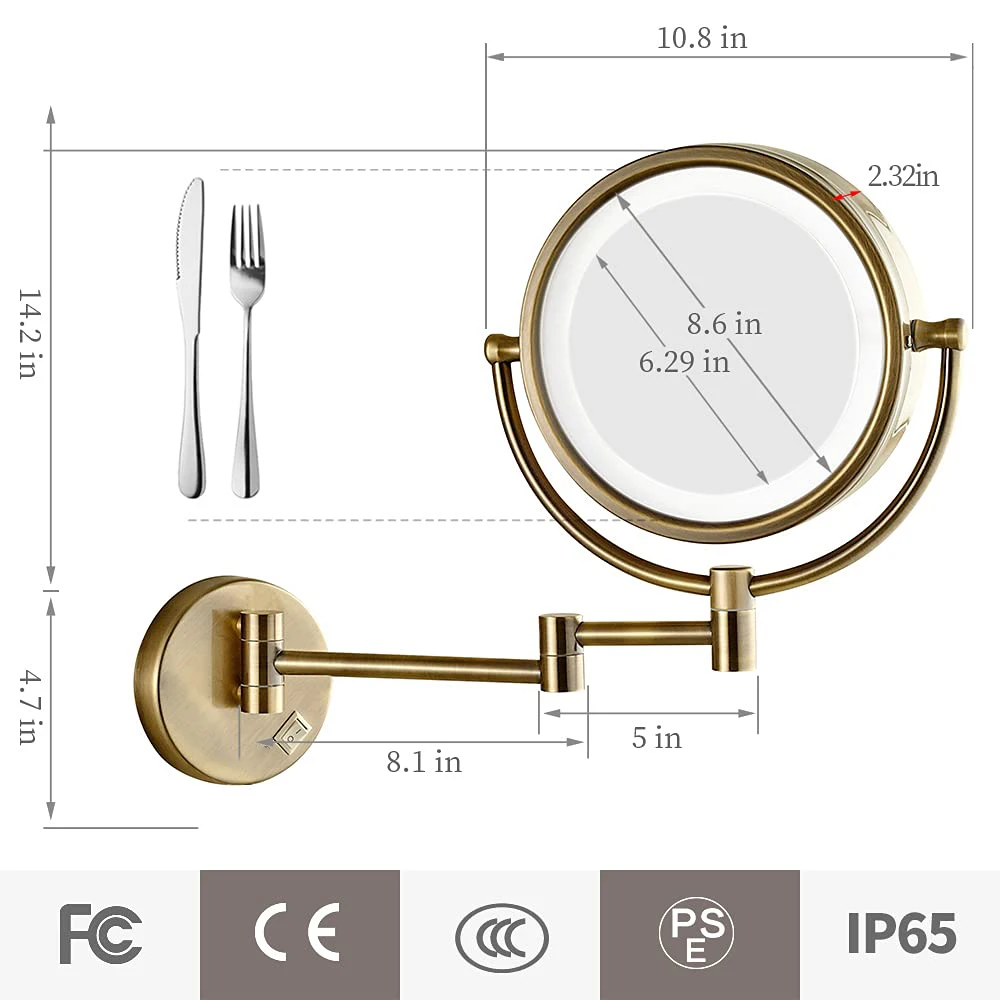 LED Magnifying Bathroom Mirrors Quality Brass Led Folding Bathroom Makeup Mirror Dual Arm Extend Antique LED Bathroom Mirror