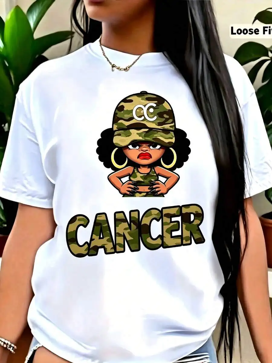 Women's White Cotton Short Sleeve Round Neck T-Shirt With Camo Cancer Zodiac Graphic, Casual & Cute Summer Streetwear