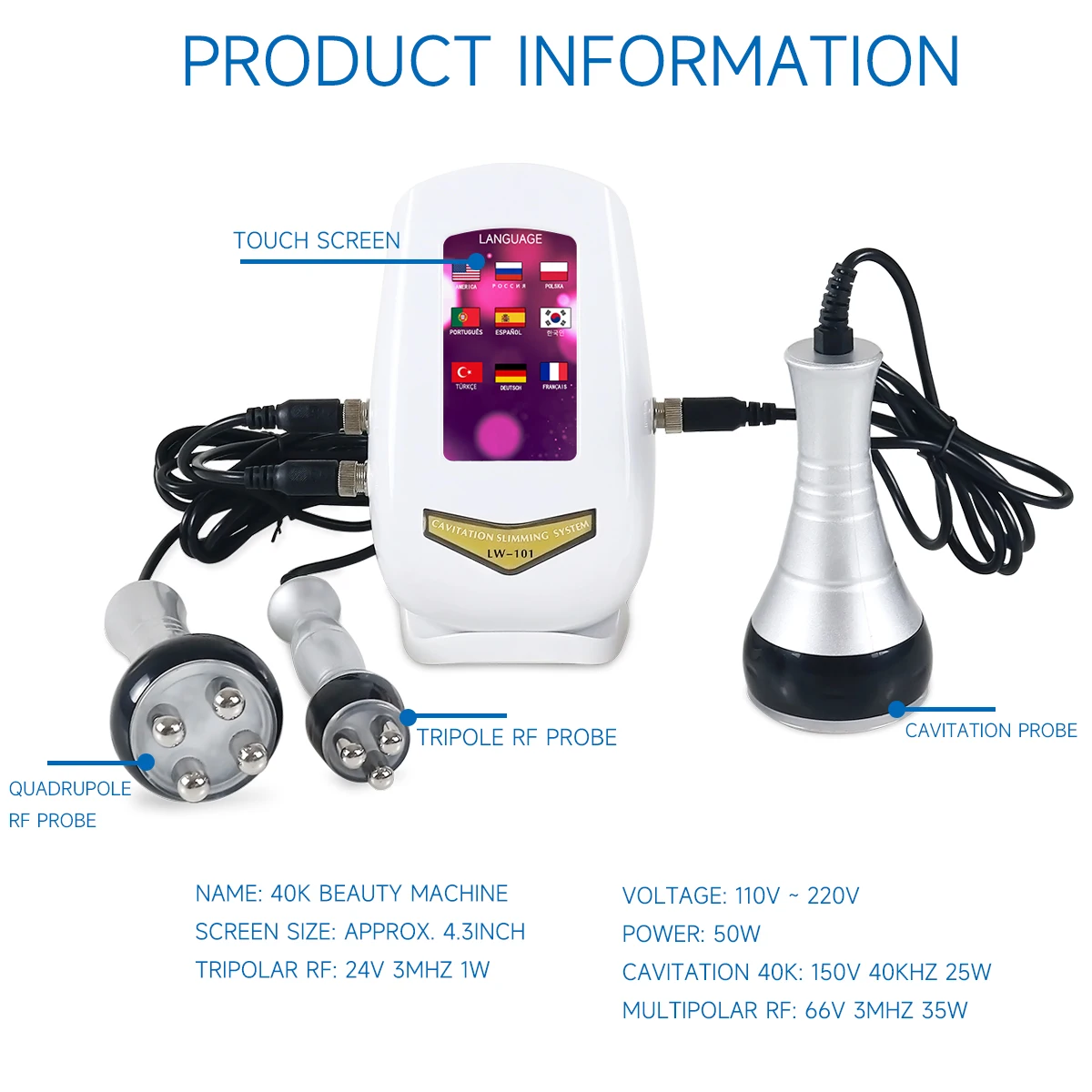 Máquina ultrasónica de cavitación 3 en 1 40K, dispositivo de belleza para rejuvenecimiento de la piel RF, herramientas de Estiramiento Facial para dar forma al cuerpo