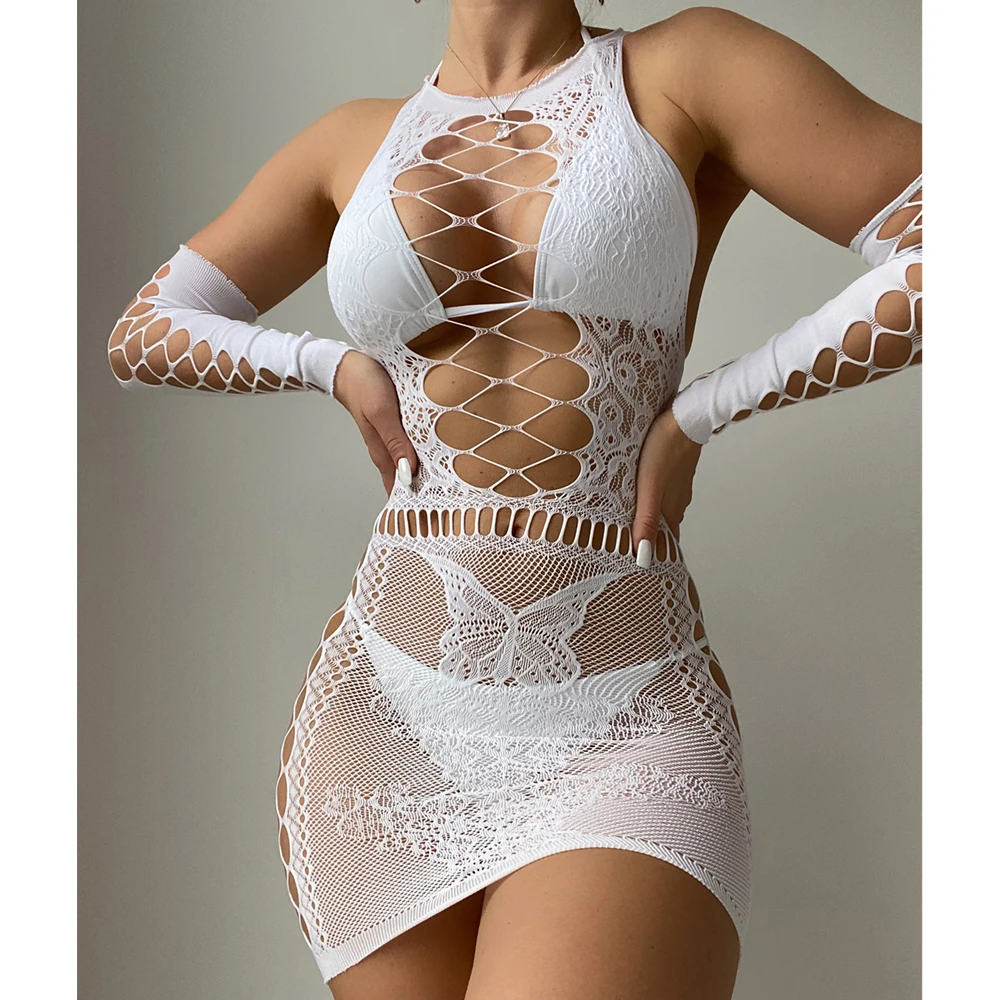 Fashion Female Sexy Lingerie Fishnet Hollow Mesh See Through Short Mini Dress Party Club Wear Erotic Perspective Bodycon Dress