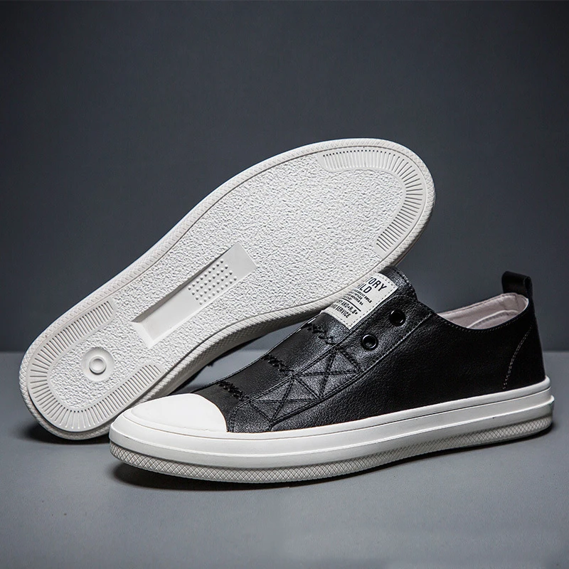 Spring Summer Genuine Leather Black White Shoes Men Casual Shoes Flat Brand Cow Leather Cool Street Young Male Footwear DX237