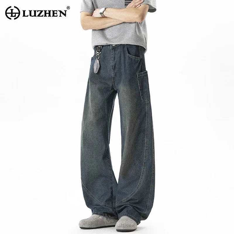 LUZHEN 2026 New Stylish Vintage Style Straight Tube Jeans Men's Gradient Washed Pleated Wide Leg Male Casual Denim Pants JY8186