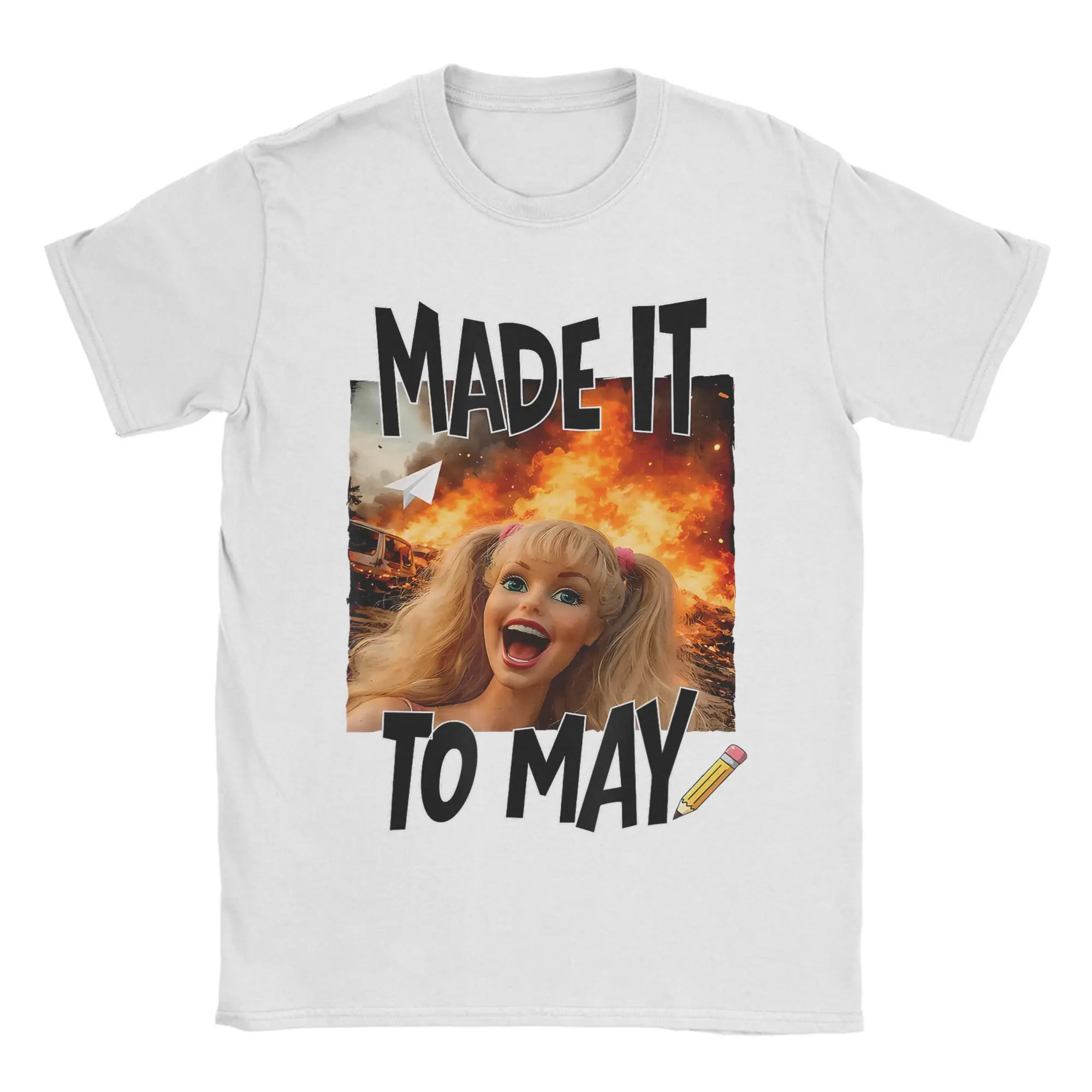 Men T-Shirt Made it to May Teacher Funny Doll Meme Last Day of School Fun 100% Cotton Tees Short Sleeve  T Shirt Crewneck Tops