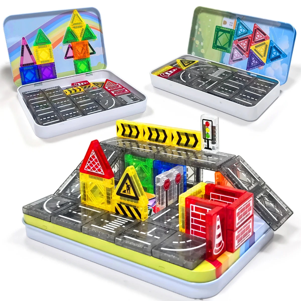 32/64/58PCS 자석 도로 건설 세트 장난감 어린이 선물 자석 블록 몬테소리 교육용 장난감 철제 상자 포함