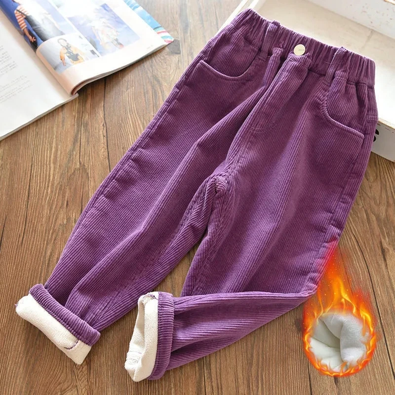 Velvet Lined Corduroy Kids Harem Pants Winter Elastic High Waist Warm Boys/Girls Pantalones Baggy Thicken Plush Children Spodnie