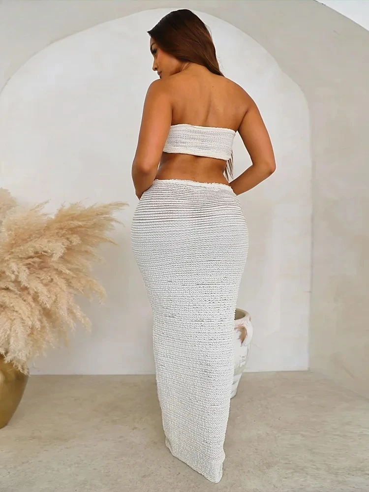 Elegante Vrouwen 2 Delige Set Middernacht Dunne Gestreepte Knoop Strapless Tops + Bandage Rokken 2023 Vakantie Bijpassende Clubwear