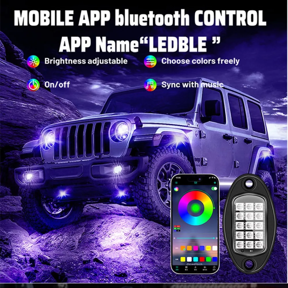 4/8 pods RGB LED Rock Light 15 LEDs APP Control Music Neon Car Underglow Chassis Light for Offroad Truck SUV Rock Lights. ﻿