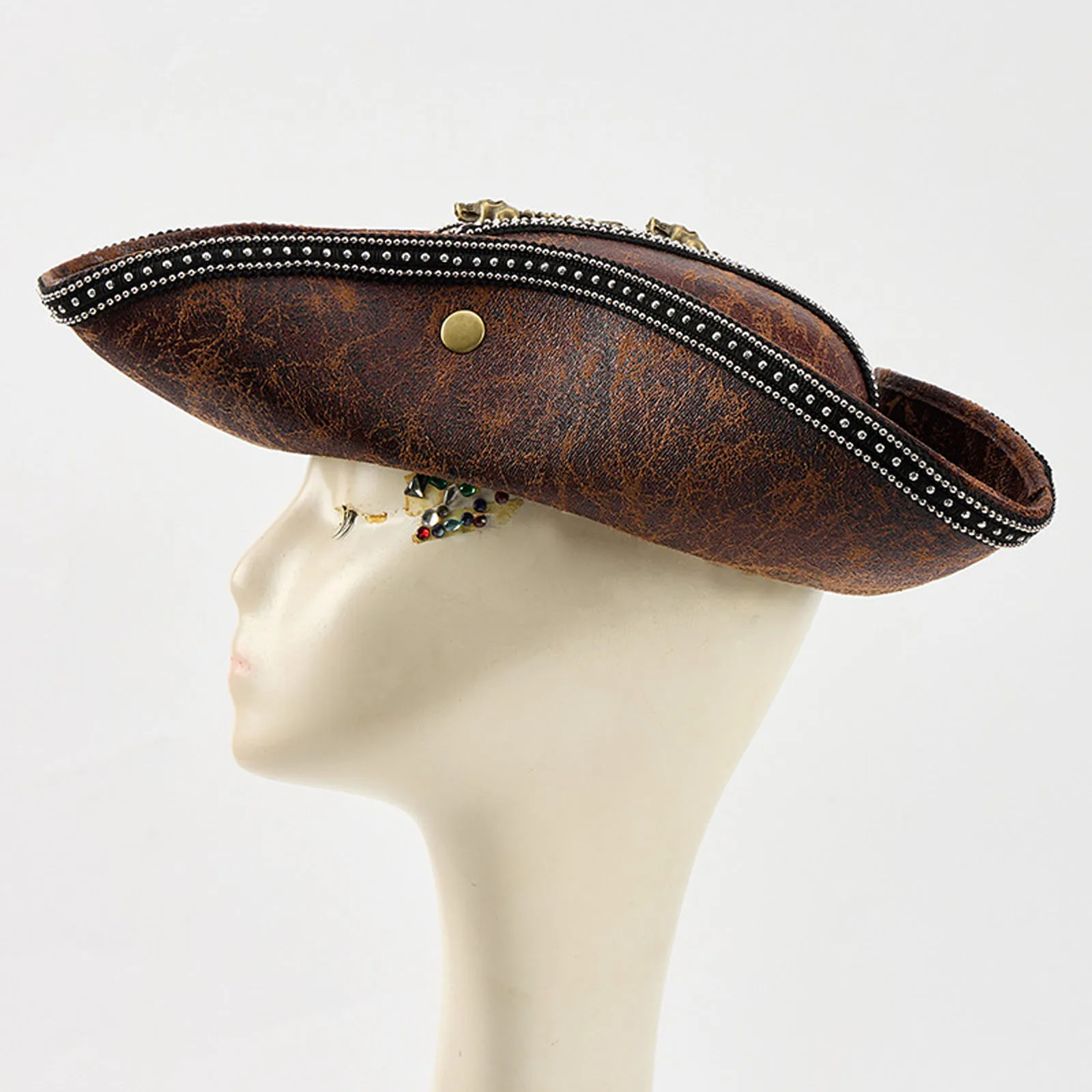 هالوين بولي Leather الجلود قبعة قرصان القرون الوسطى خمر الجمجمة الكابتن قبعة براون المستعمرة تريكورن قبعة الكبار حفلة تنكرية فستان