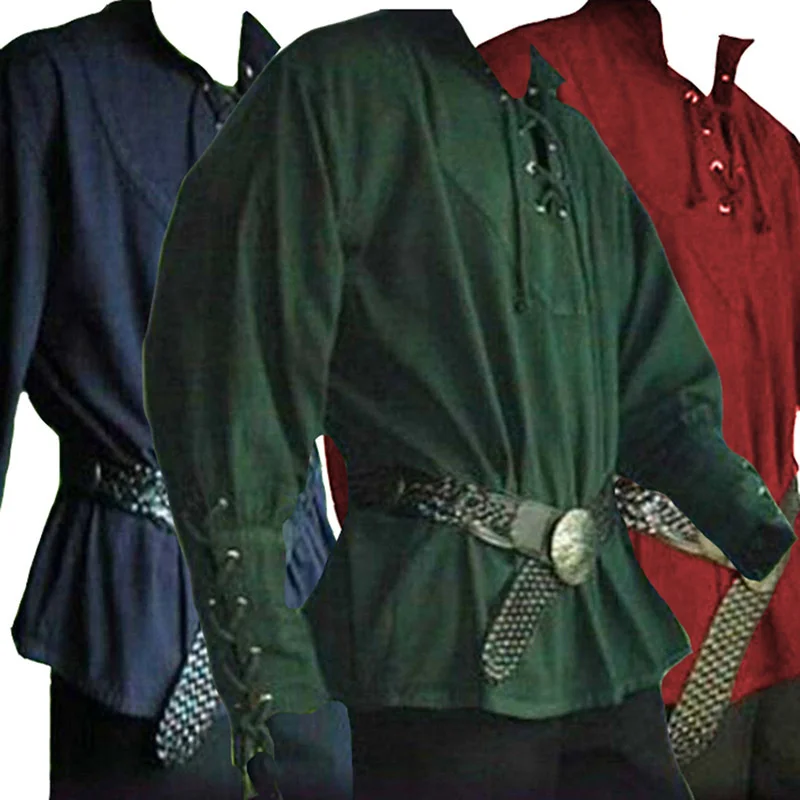 Halloween Men Shirt Medieval Vikings Pirate Cosplay Costume Long Sleeve Loose Robe Celtics Tunic Warrior Knight Top Saxon Blouse