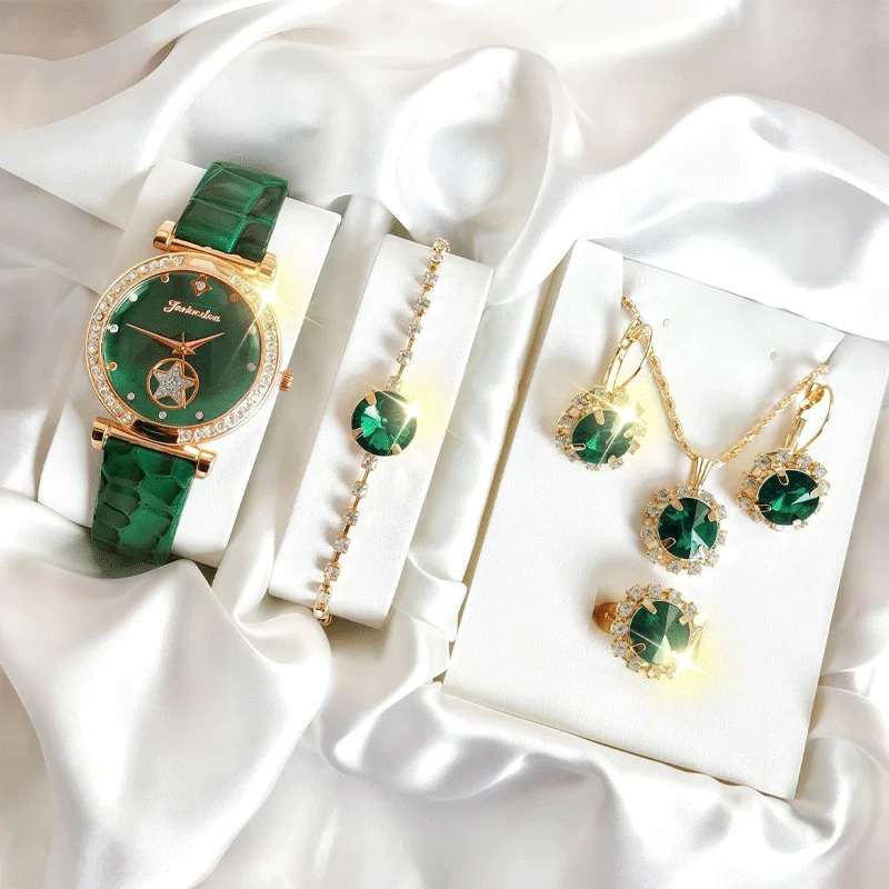 6-piece women's round quartz watch set gift box, large diamond bracelet set, watch set