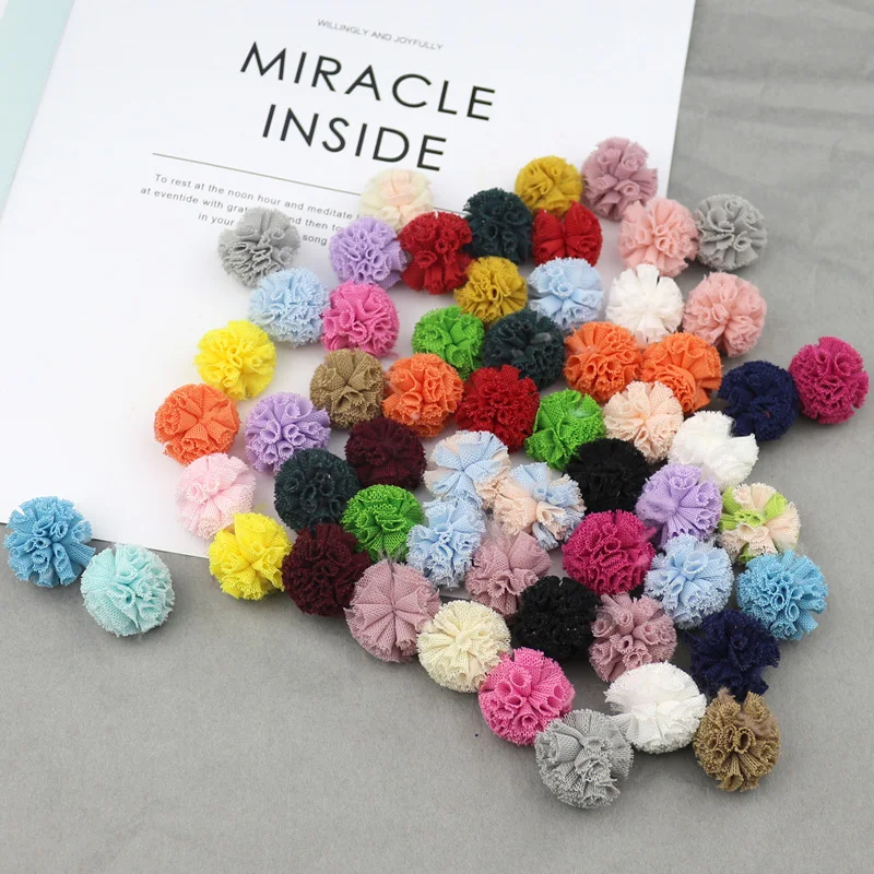 50Pcs 25mm Lace Pom Pom Balls Art Gauze Elastic Flower Pompoms DIY Craft Scarf Shoes Hats Fur Headwear Hair Clip Bow Accessories