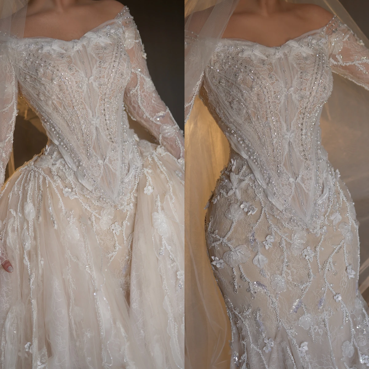 

Luxury Off Shoulder Mermaid Wedding Dress Beaded Lace Appliques Long Sleeve Bridal Gown with Detachable Train 2026 Customized