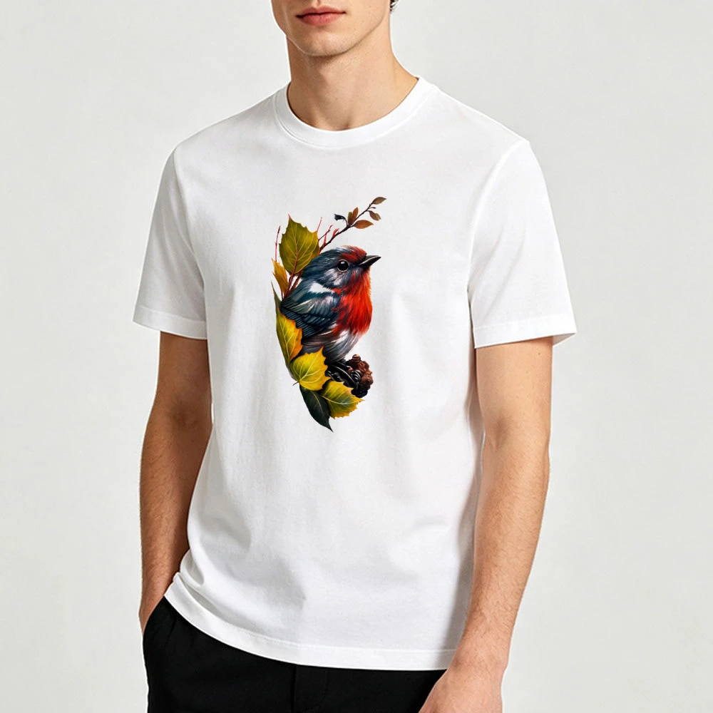 Realistic Red Breasted Bird Resting On Autumn Maple Leaves And Acorns Print Men T Shirt Woodland Wildlife Nature Lover Art Tee