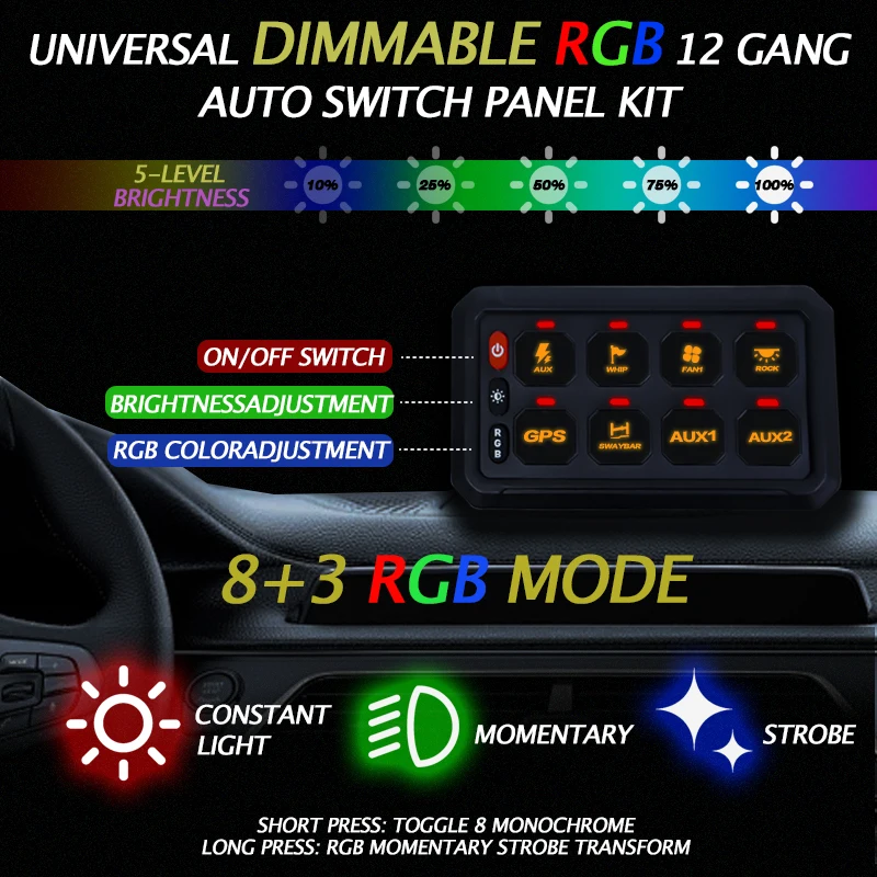 8 Gang Switch Panel Control Box Plug-in with APP/Wireless for SUV Truck 4x4 12V 24V Off-Road LED Panel Circuit for SUV Truck 4x4