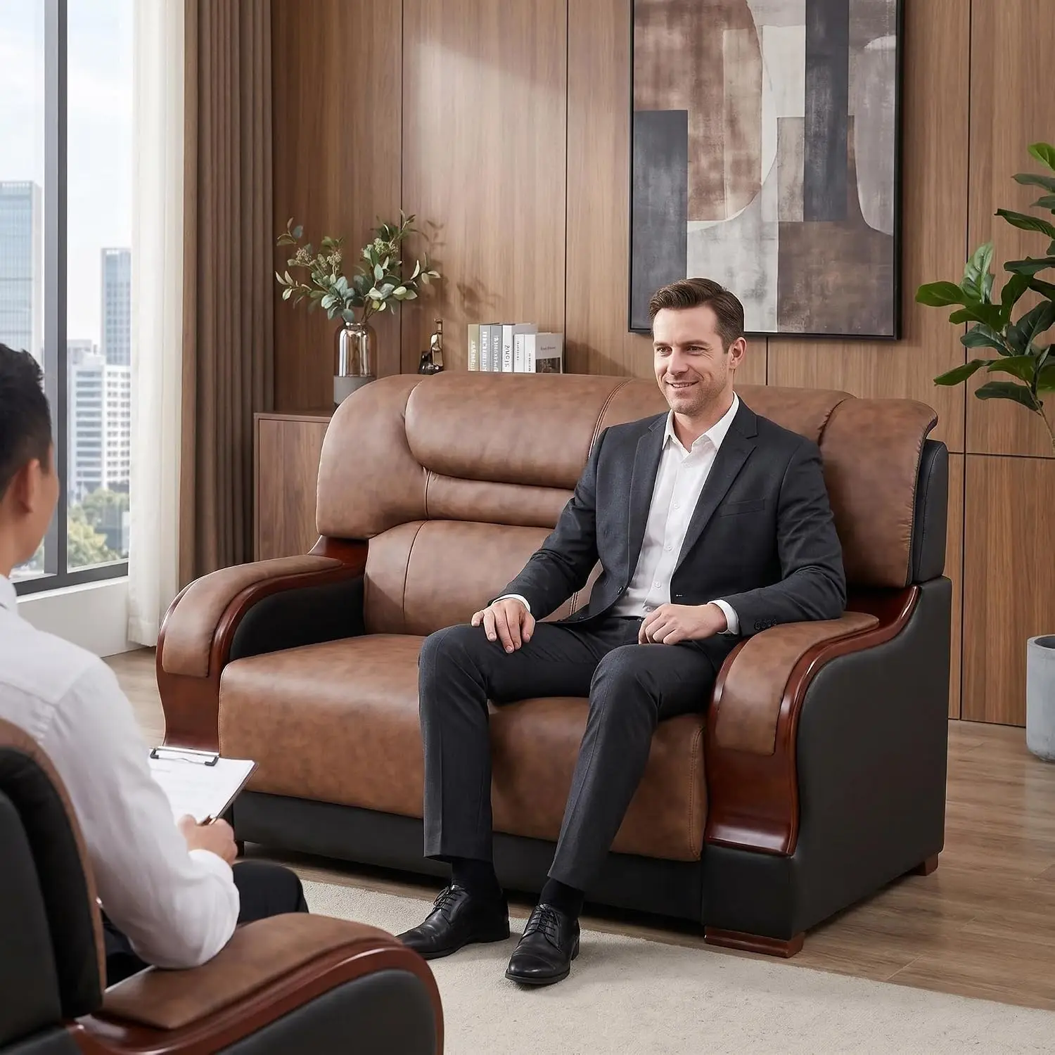 Executive Leather Loveseat, 2-Seater Office Sofa with Wood Armrests, Reception Couch for Conference Waiting Lounge, Brown Black