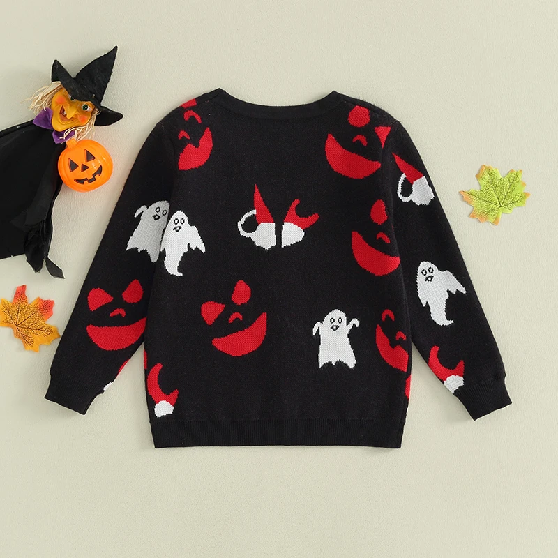 

Kids Halloween Ghost Print V Neck Cardigan Sweater Button Down Long Sleeve Outwear for Toddler Boys and Girls