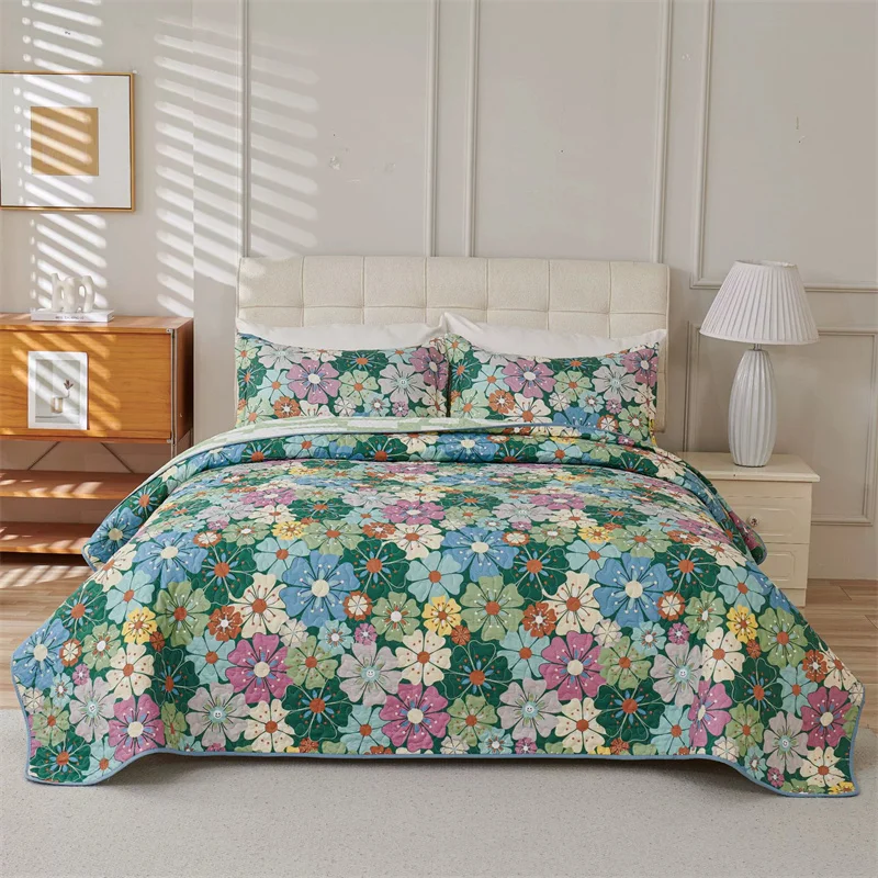 3Pieces Quilt Set Quilted Bedspread On The Bed Linen Flower Printed Padded Coverlet Blanket Queen Size Cubrecam Bed Cover Colcha
