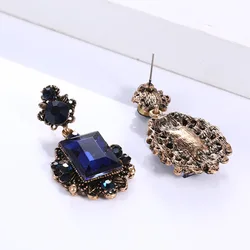 Victorian Costume Jewelry Wholesale Vintage Gold Color Metal Dark Blue Rhinestone Crystal Statement Dangle Earrings for Women
