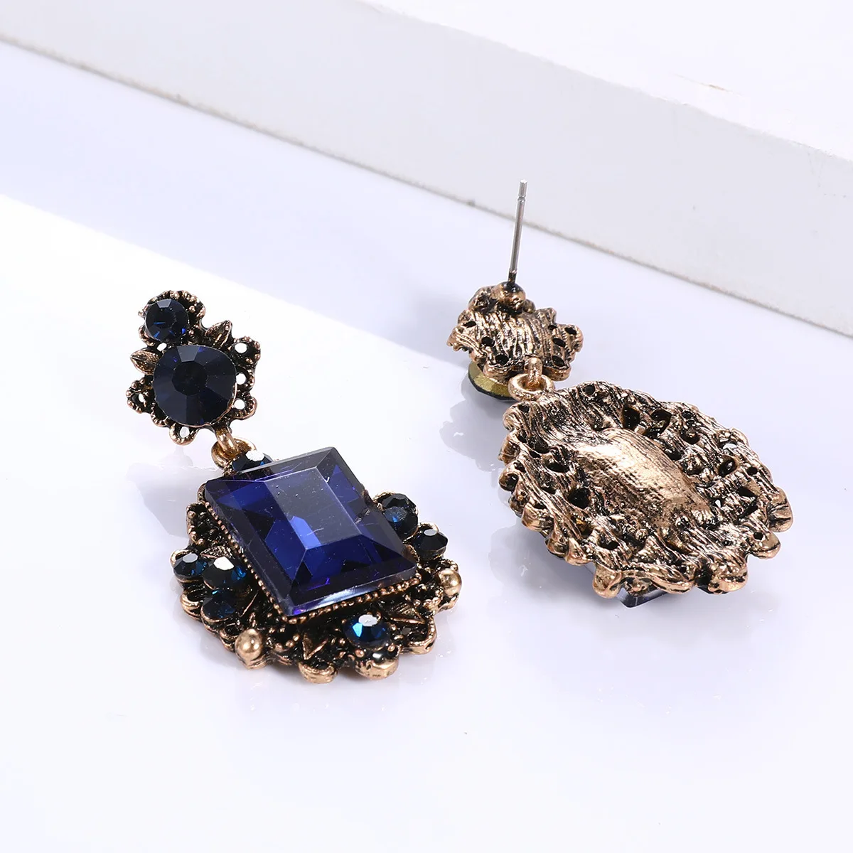 Victorian Costume Jewelry Wholesale Vintage Gold Color Metal Dark Blue Rhinestone Crystal Statement Dangle Earrings for Women