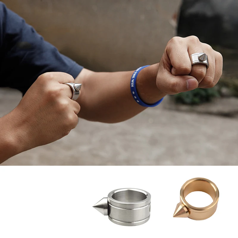 1PC Outdoor EDC Stainless Steel Self-Defense Necklace Ring Broke Window Anti-wolf Protective Tools Punk Rings Brass Tools