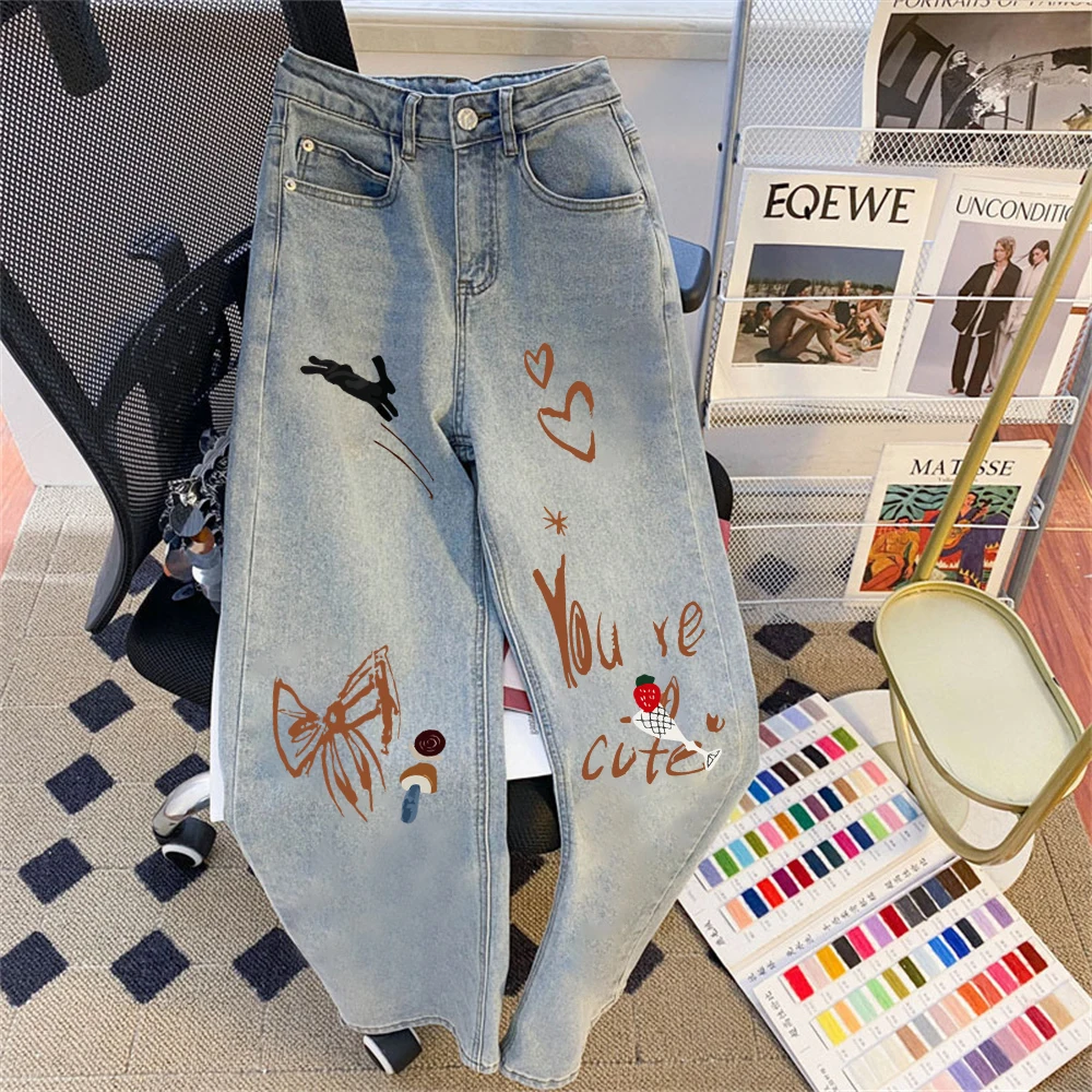 

Retro Washed High Waist Men's Jeans Graffiti Print Distressed Blue Summer Fashion Straight Leg Pants Casual High Street Style