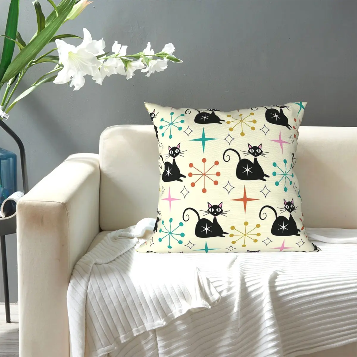 Mid Century Black Atomic Cat With Starbursts Square Pillowcase Pillow Cover Cushion Zip Decorative Throw Pillow for Home Car