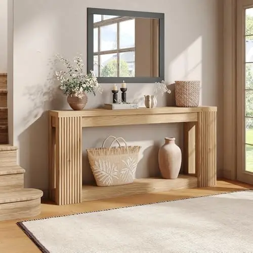 Fluted Wooden Console Table with 2 Storage, 71 Inches Rectangular Entryway Table Behind The Couch, Farmhouse Boho Sofa