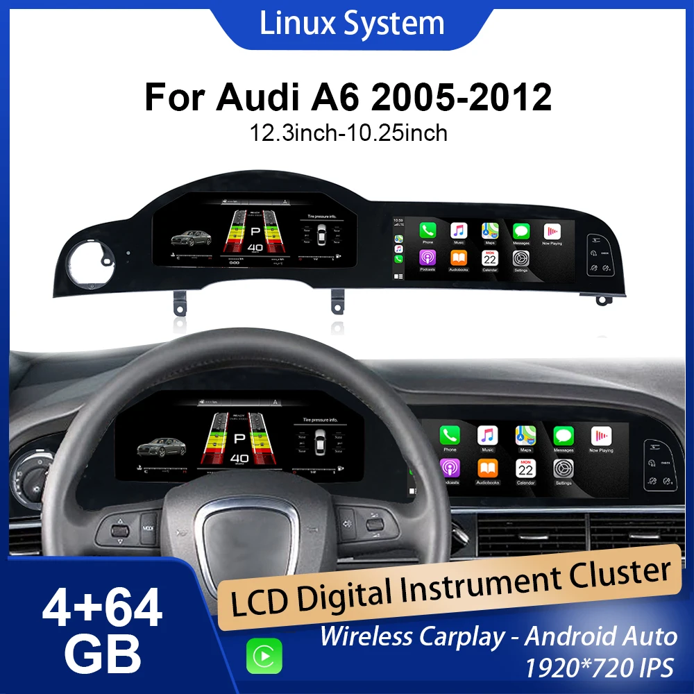 

Цифровой комплект приборов для Audi A6 A6L C6 4F 2005-2012, спидометр, Android-радио, беспроводной CarPlay, GPS-навигация 4 + 64 ГБ