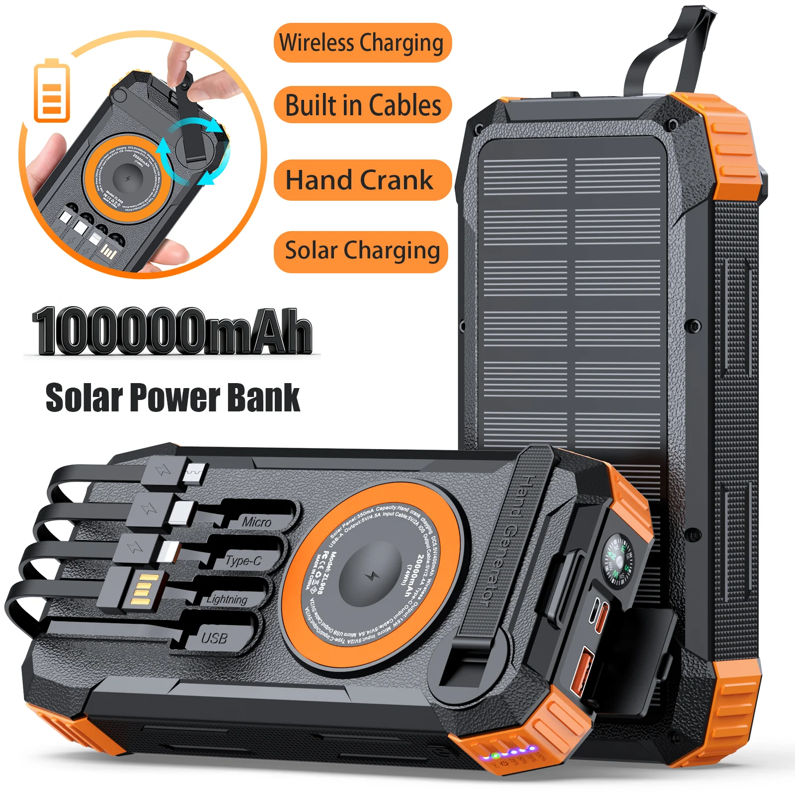 

Солнечный Power Bank 100000 мАч с беспроводной быстрой зарядкой, портативное зарядное устройство со встроенными кабелями и LED-фонариком для кемпинга, путешествий и экстренных ситуаций