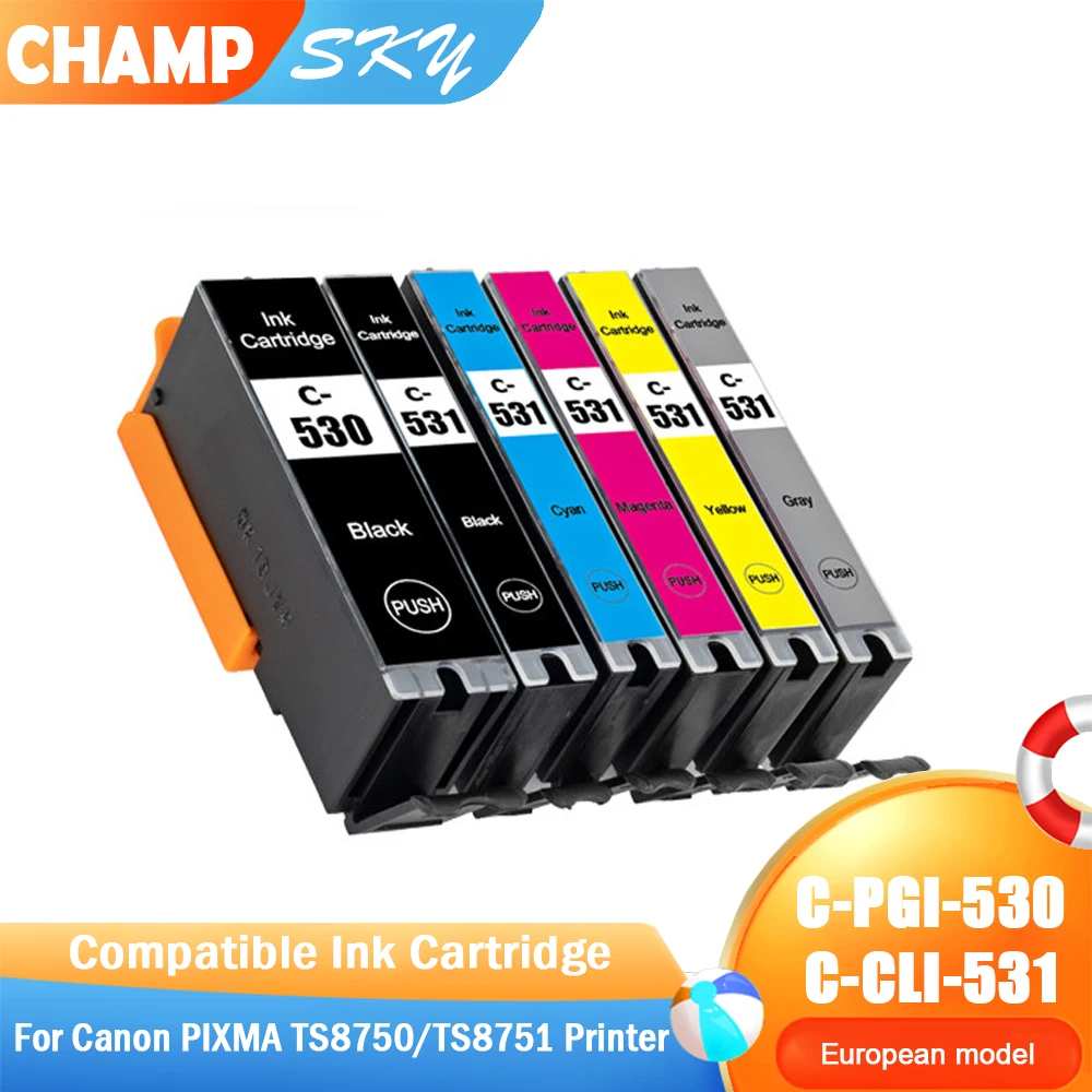 Champ Sky PGI530 PGI-530 PGI 530 CLI531 CLI 531 CLI- 531 Compatible Ink Cartridge for Canon PIXMA TS8750 TS8751 Printer