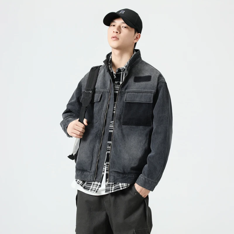 Jaket Denim Vintage Pria Musim Gugur Musim Gugur - Mantel Pakaian Kerja Lengan Panjang Kasual Ukuran Besar Biru Retro (Gaya Klasik Amerika)