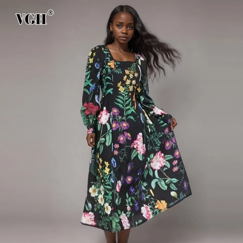 VGH Hit Color Floral Printing Elegant Dresses For Women Square Collar Long Sleeve High Waist Patchwork Zipper Dress Female New