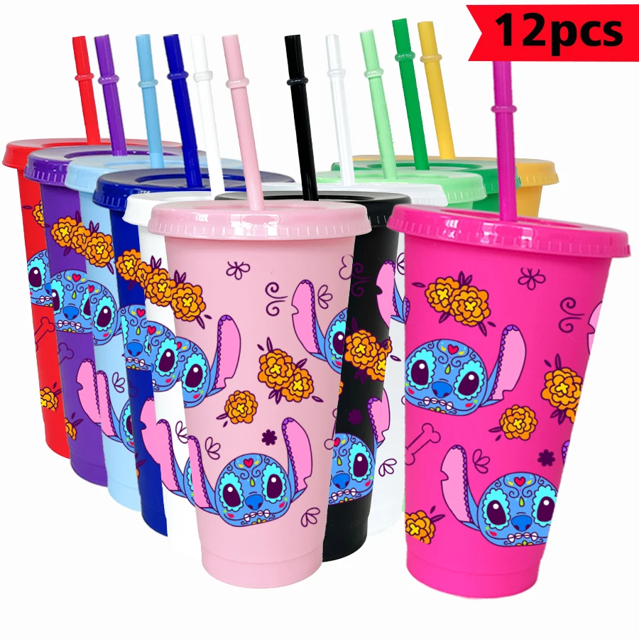

12pcs/lot Disney Stitch Flowers 26oz Colorful Plastic Tumbler Birthday Party Drinkware Juice Coffee Cup