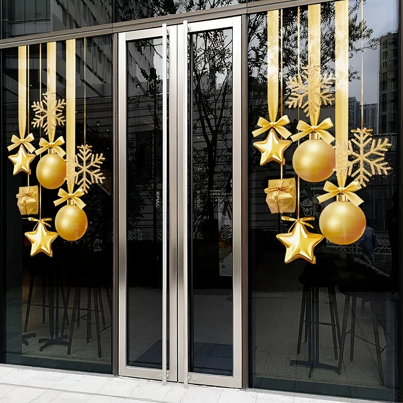 1PC Gold Shiny Snowflake Star Christmas Window Cling, PET Static Reusable Removable Holiday Glass Decal for Shop Home
