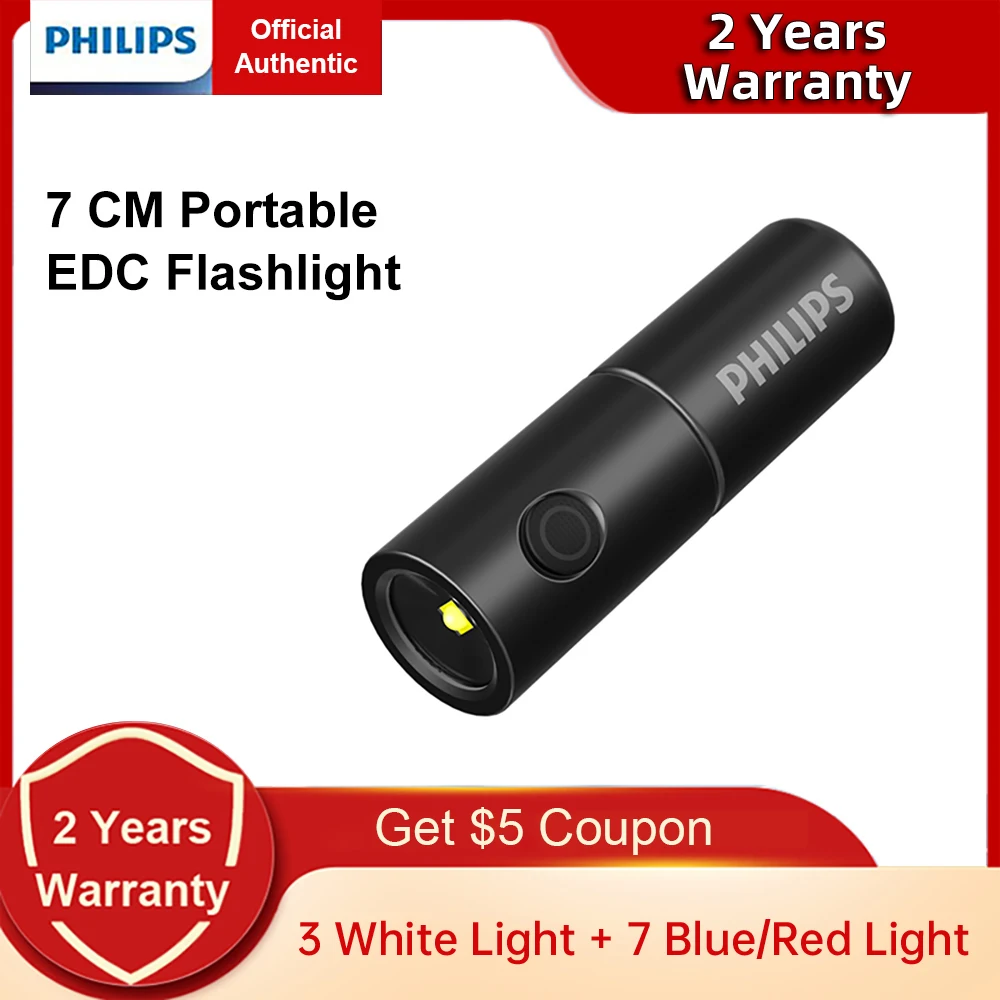 Philips Newest 7cm Portable Flashlight 7 Lighting Modes LED Rechargeable Mini Flashlights Camping Lamp for Hiking Self Defense