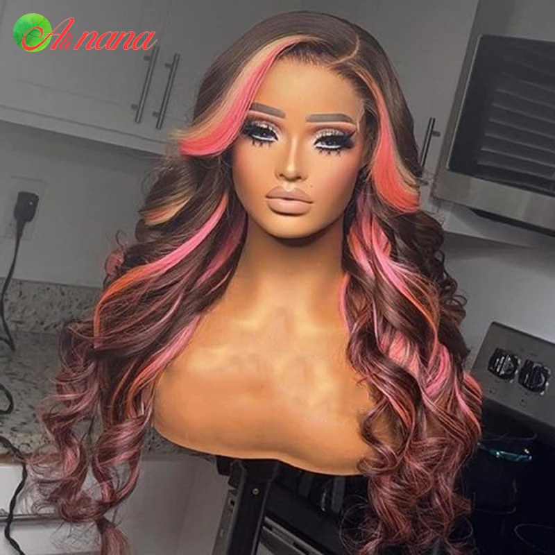 

Highlights Pink Blonde Colored Body Wave Lace Frontal Wigs Pre-Plucked Transparent Lace 180% Density Human Hair Wig For Women