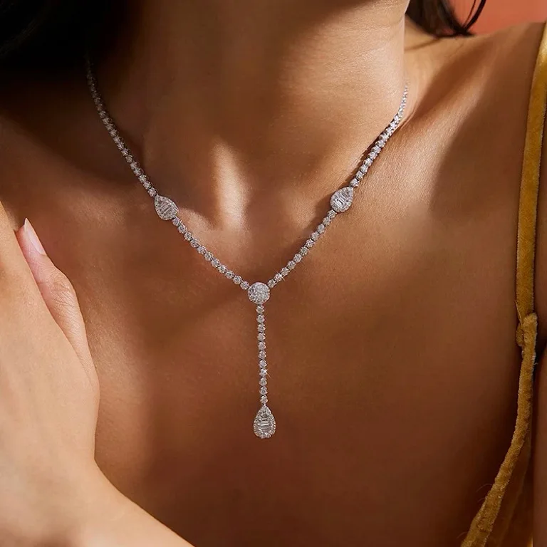

925 Silver Fringe Teardrop High-Carbon Diamond Necklace, Luxury Full Diamond Sweater Chain, Sparkle Jewelry Gift