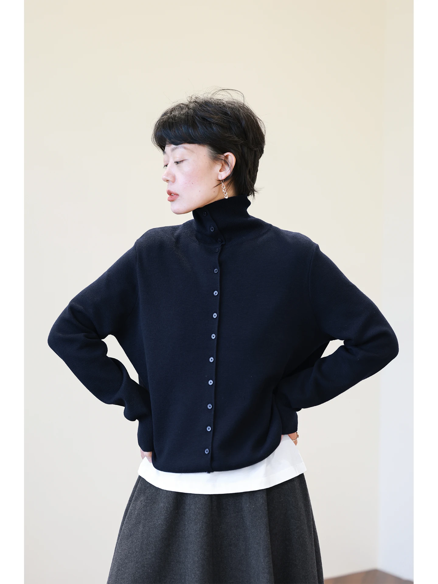 

Свободный шерстяной вязаный кардиган с высоким воротником, женская повседневная верхняя одежда, осень-зима, теплая Fce, мягкая смесь полиэстера, Long Sve