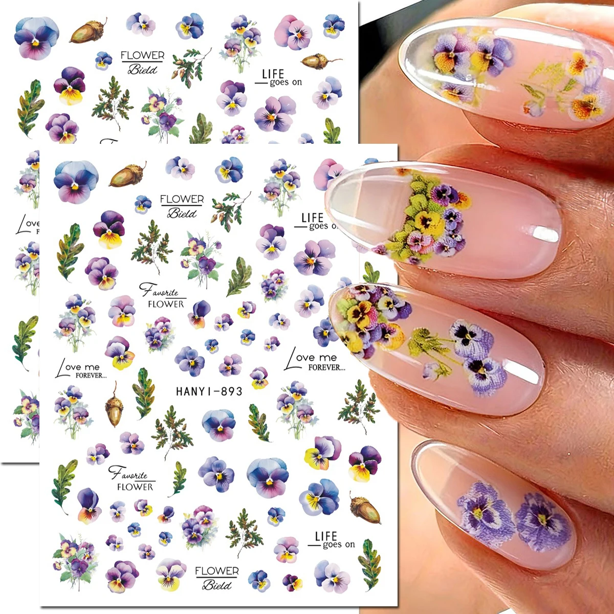 2pcs Purple Pansy Petals Florals Flowers Pinecone Letters 3d Nail Art Stickers Nail Art Decals For Manicures Tips DIY